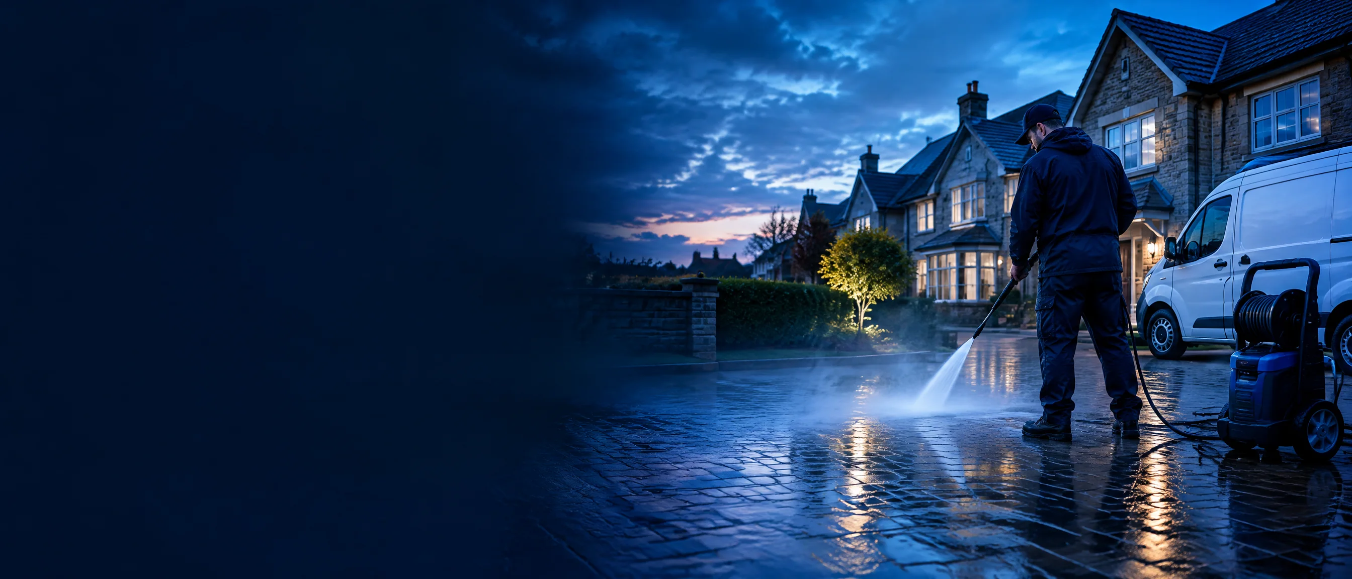 Professional exterior cleaner pressure washing a residential driveway beside a work van at dusk