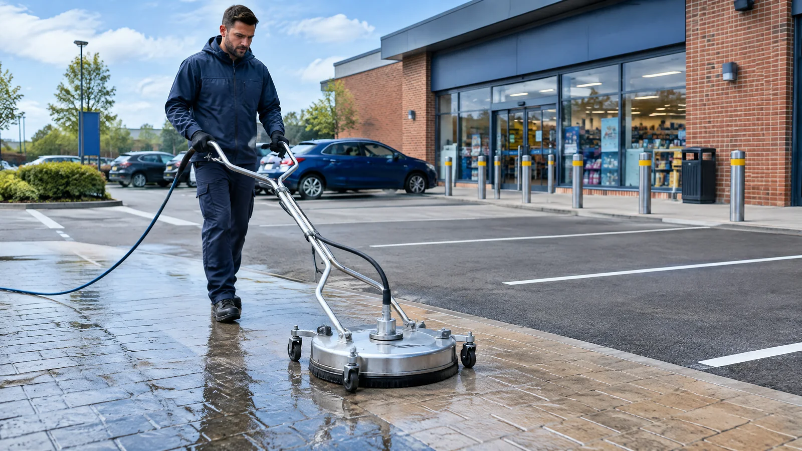 Commercial pressure washing on a Manchester car park and forecourt