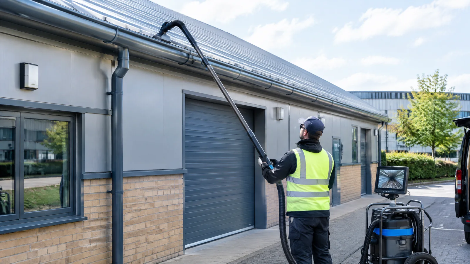 Telescopic gutter-vacuum system clearing a low-rise commercial building gutter