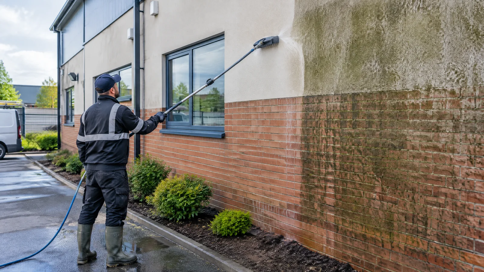 Specialist cleaner treating algae and grime on a commercial brick-and-render wall