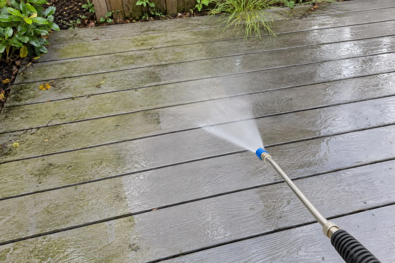 Pressure-wash lance restoring decking affected by green organic growth