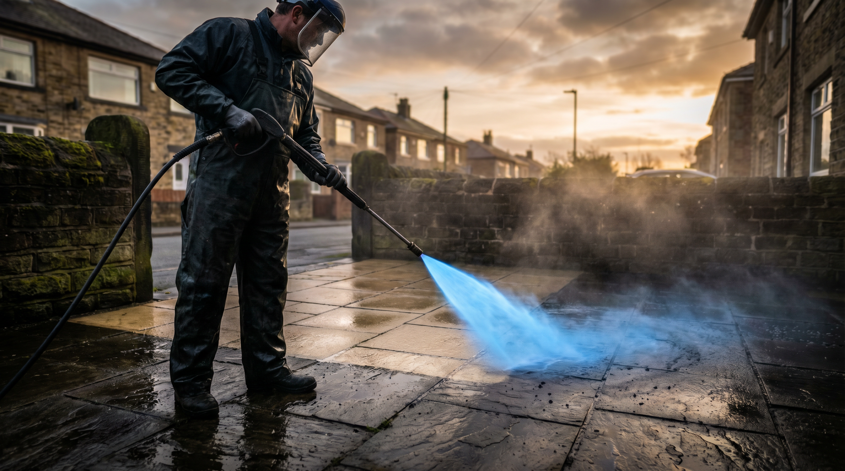 Pressure-washing a paved exterior surface at a Manchester home