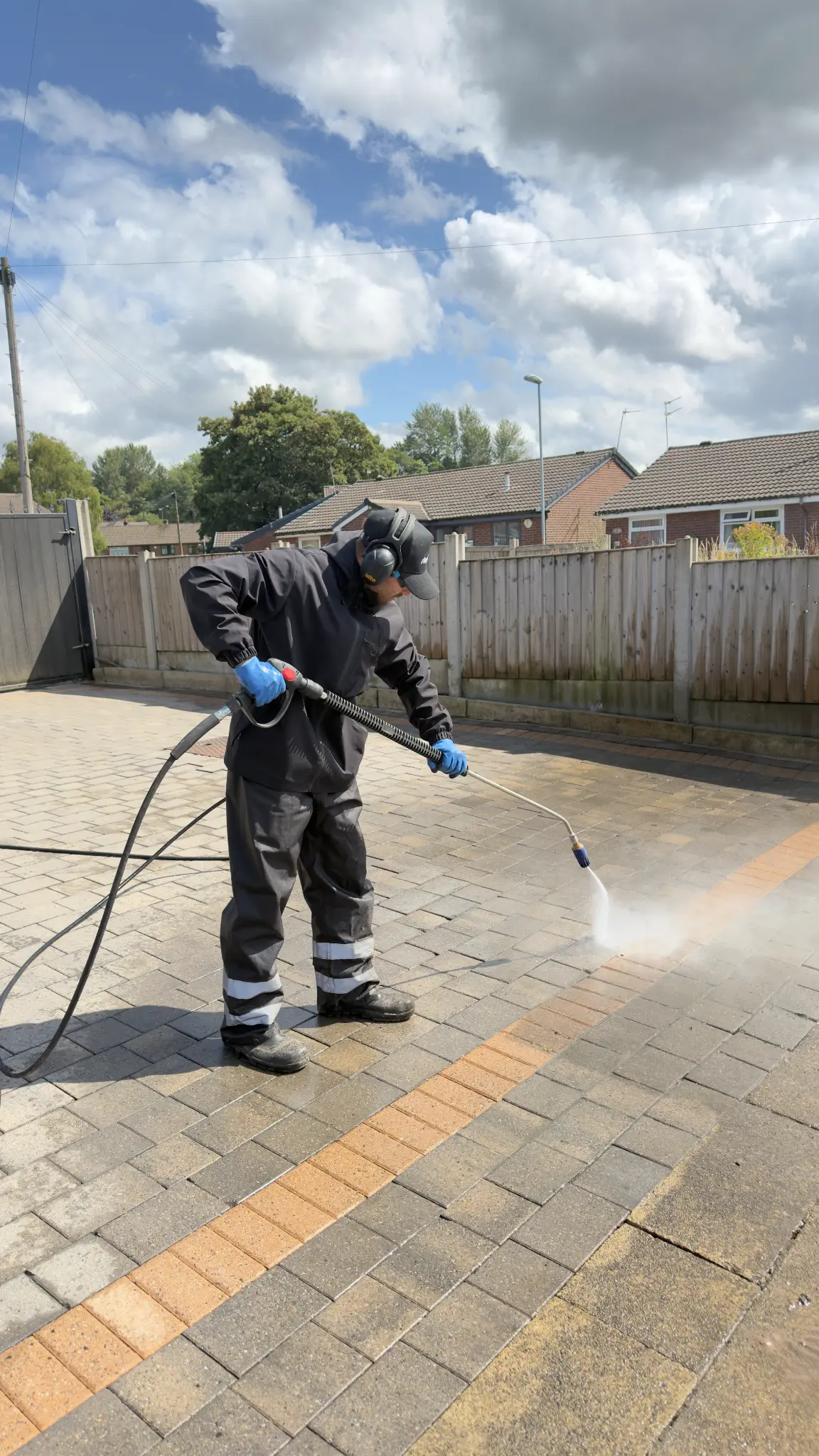 Technician pressure-washing a residential block-paving driveway