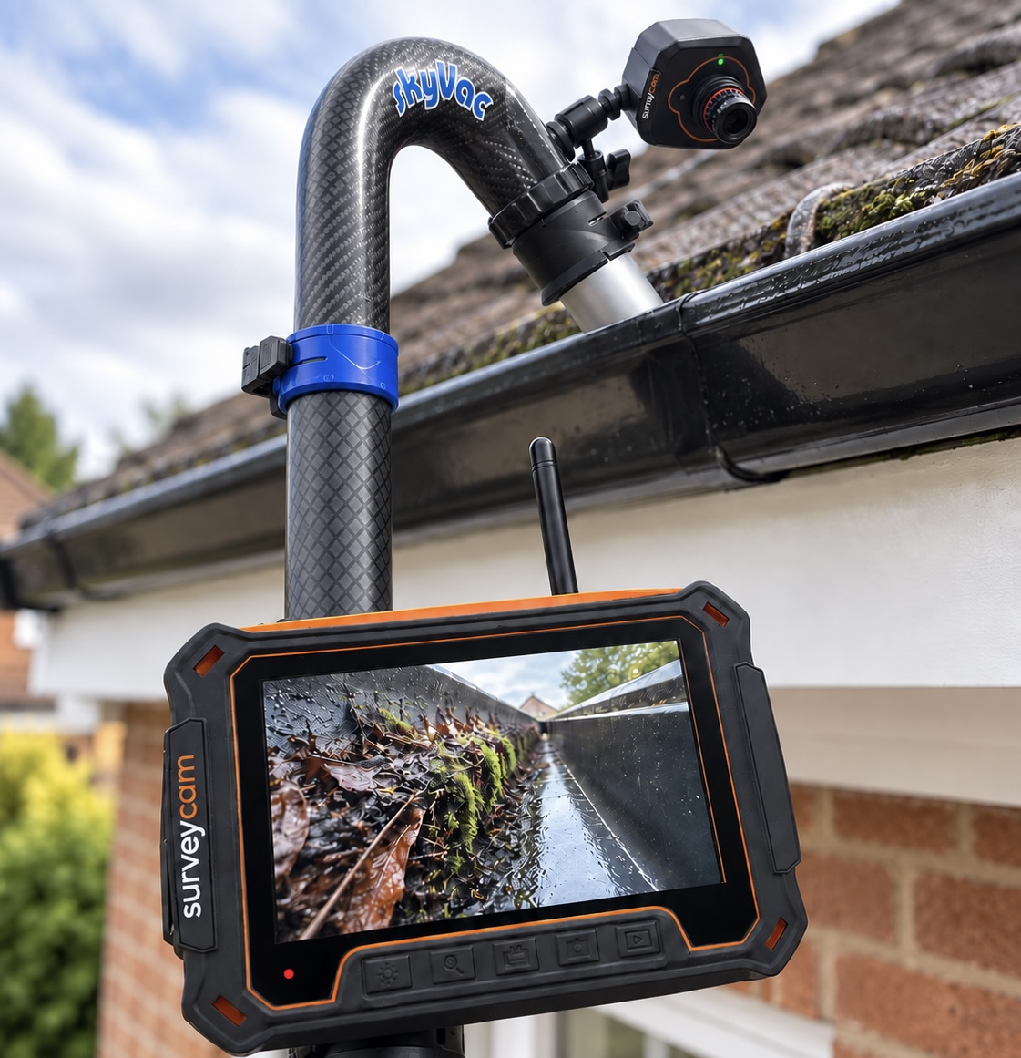 Digital gutter inspection camera showing leaves and moss before gutter clearance