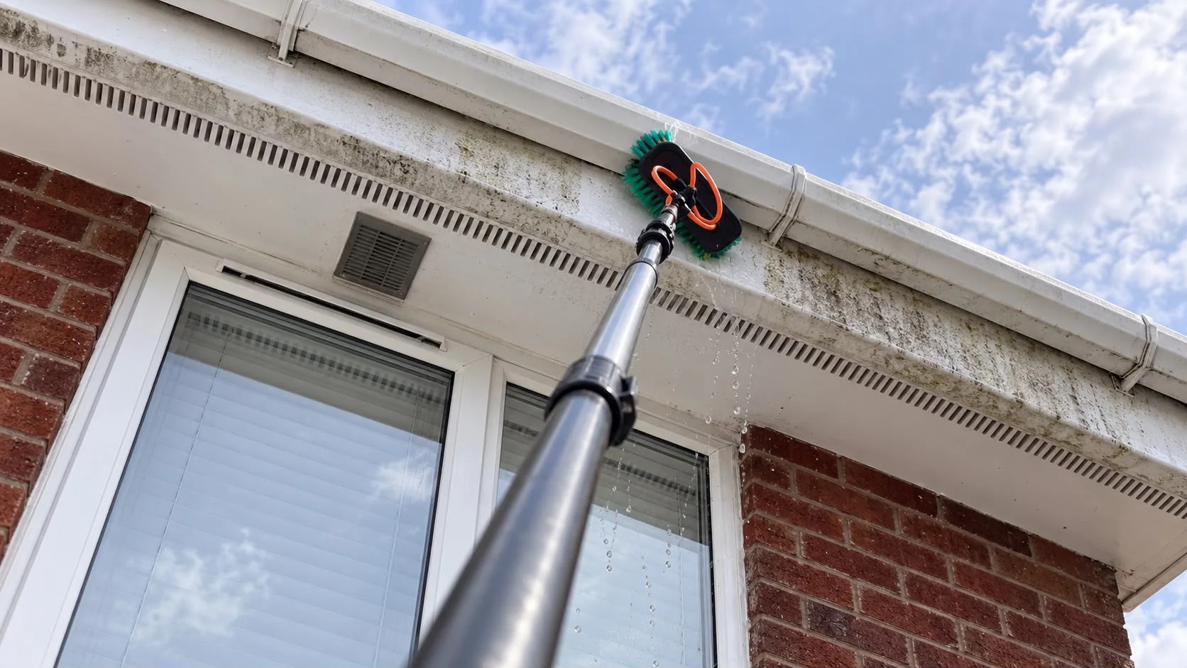 Water-fed brush cleaning external gutters, fascias and soffits on a brick home
