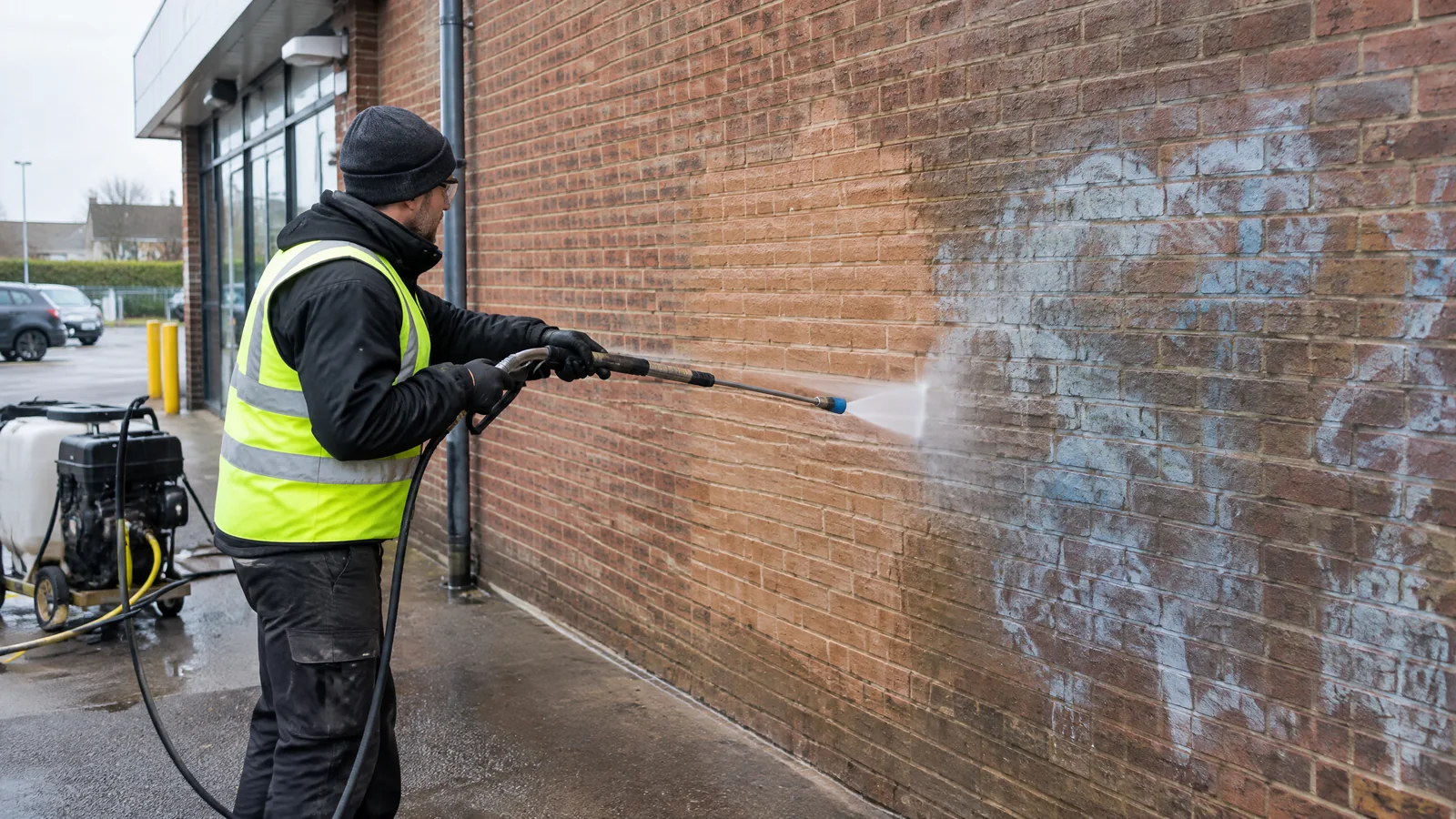 Professional cleaner removing graffiti and unwanted paint from a commercial brick wall