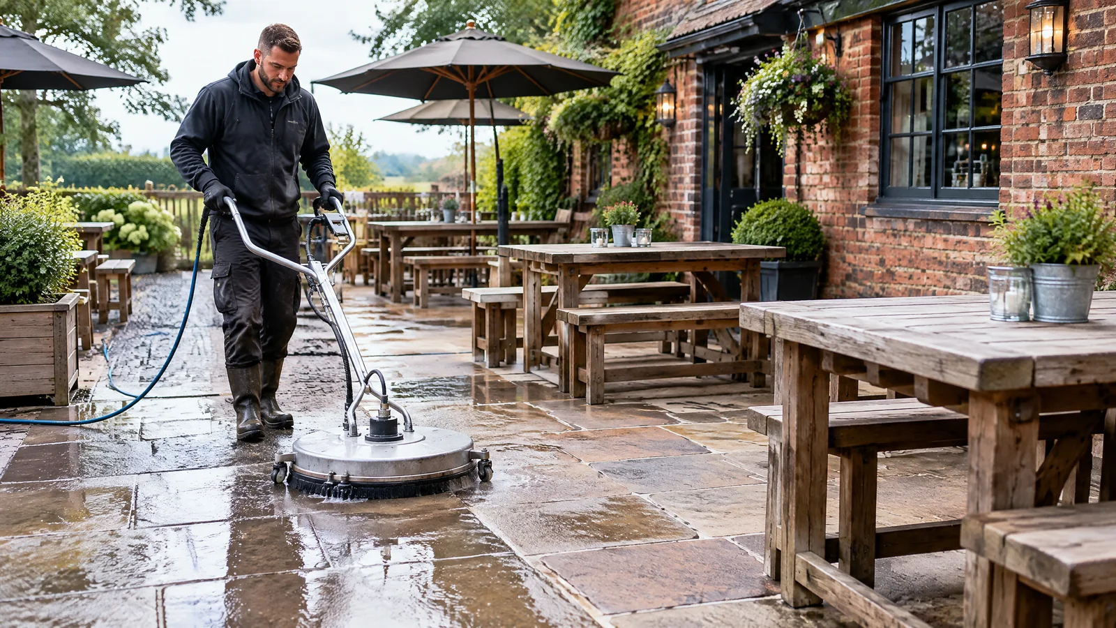 Professional cleaner restoring a UK pub beer garden patio and outdoor dining area