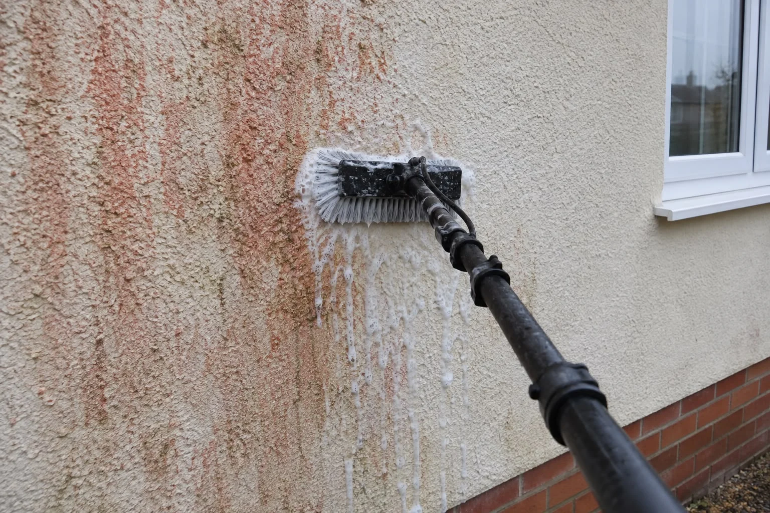 Soft-wash brush treating algae and staining on an exterior rendered wall