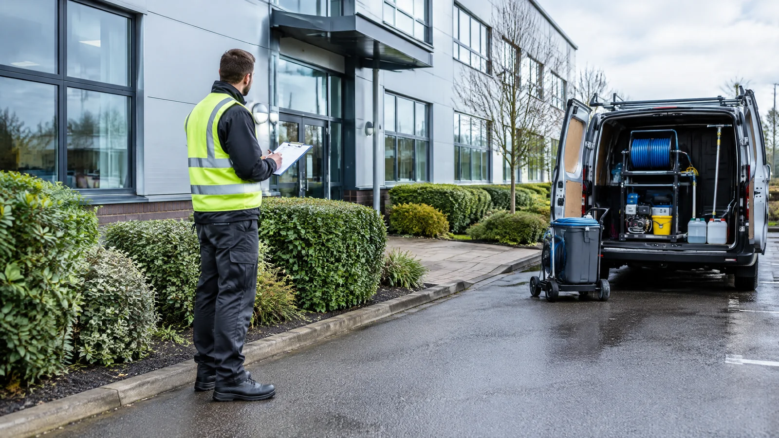 Commercial exterior cleaning specialist carrying out a planned maintenance inspection
