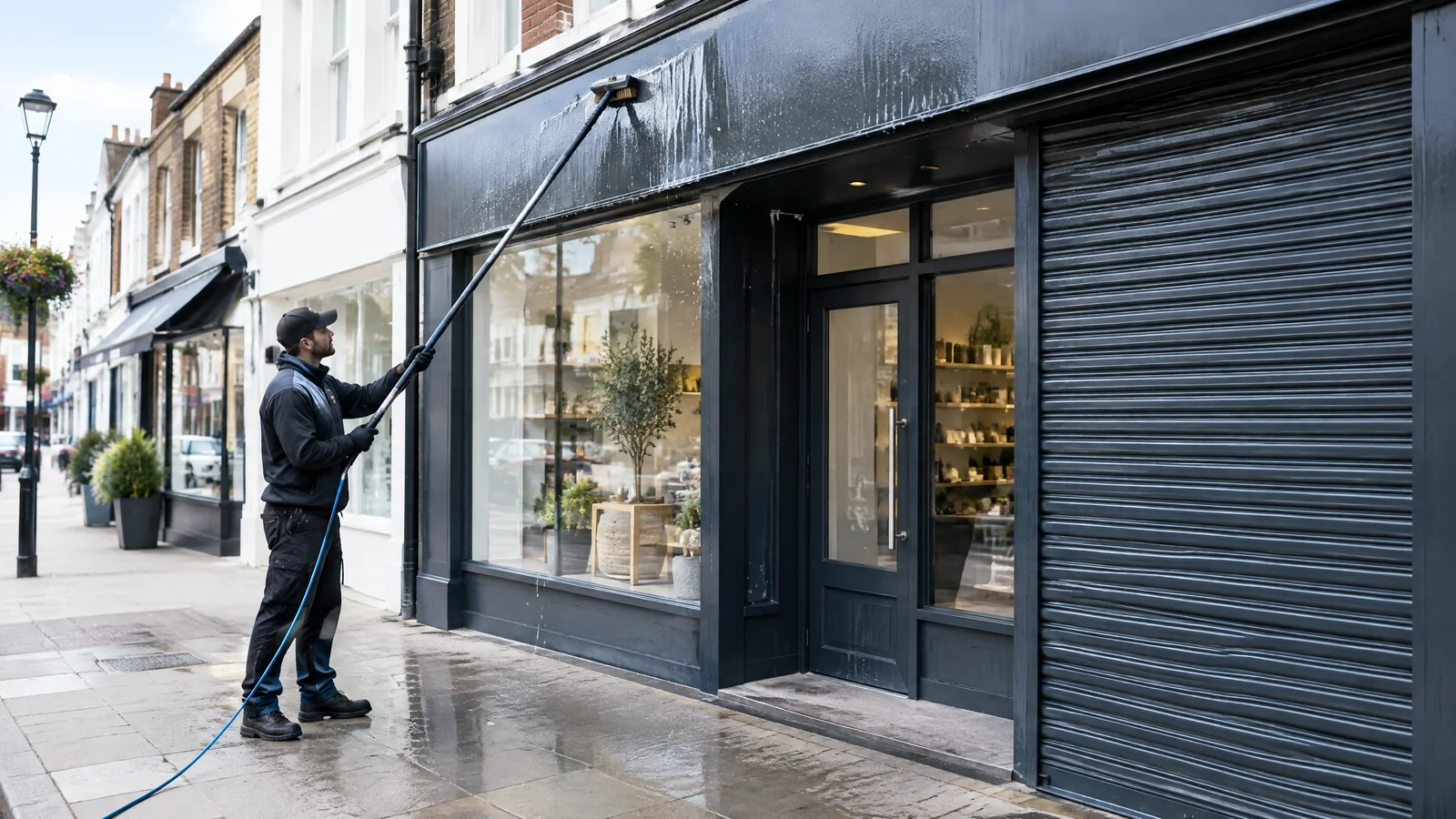 Professional cleaner washing a UK shop front, shutter and sign fascia