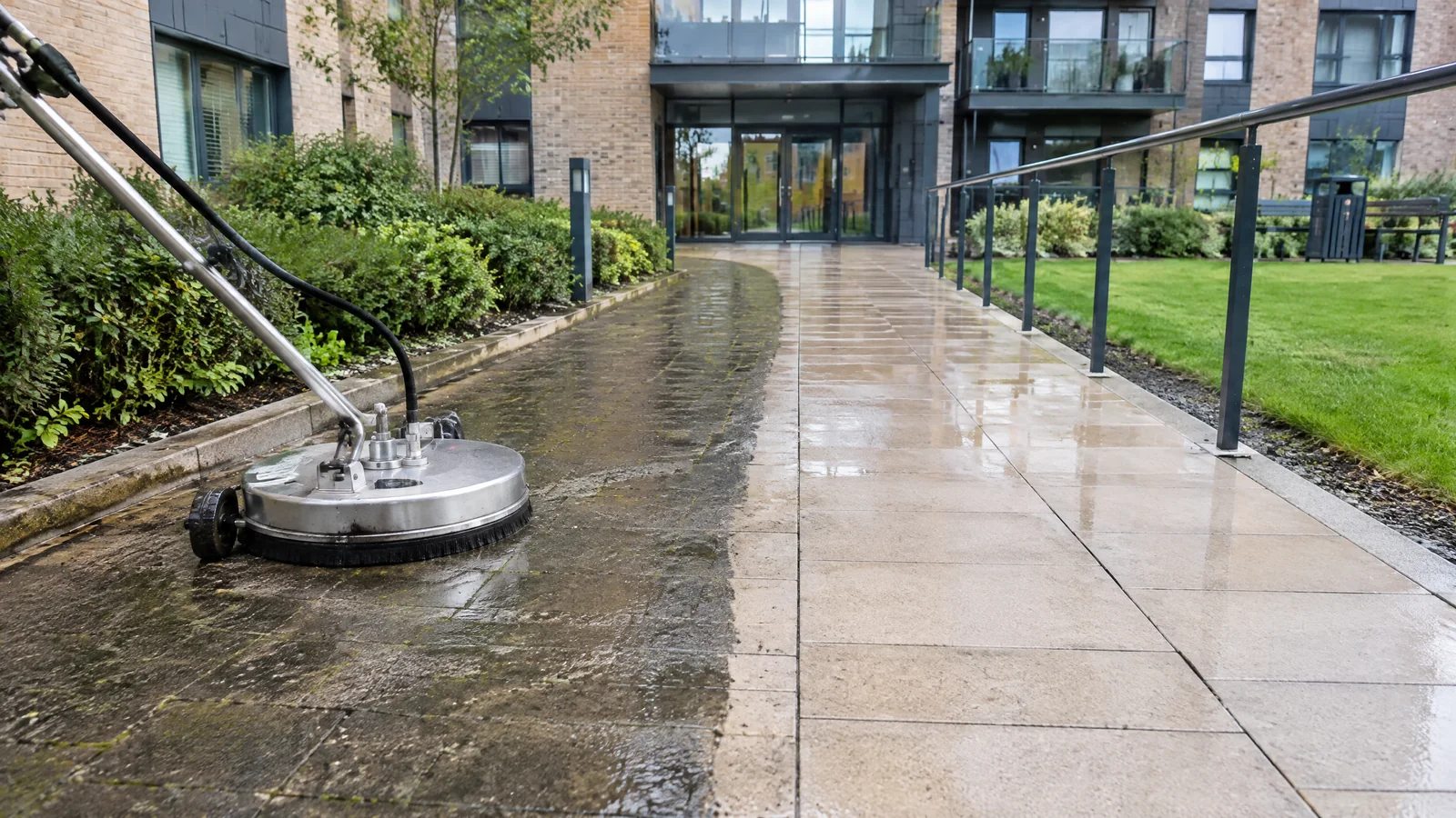 Professional surface cleaner restoring a paved walkway at a UK apartment block
